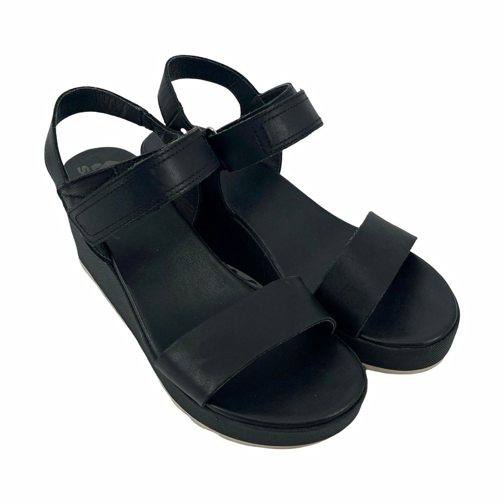 Sorel Joanie II Black Leather Wedge Platform Sandals Women's 8.5 Ankle Strap